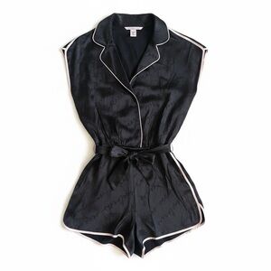 Victoria's Secret Black Satin Short Sleeve Romper with Pink Trim XS